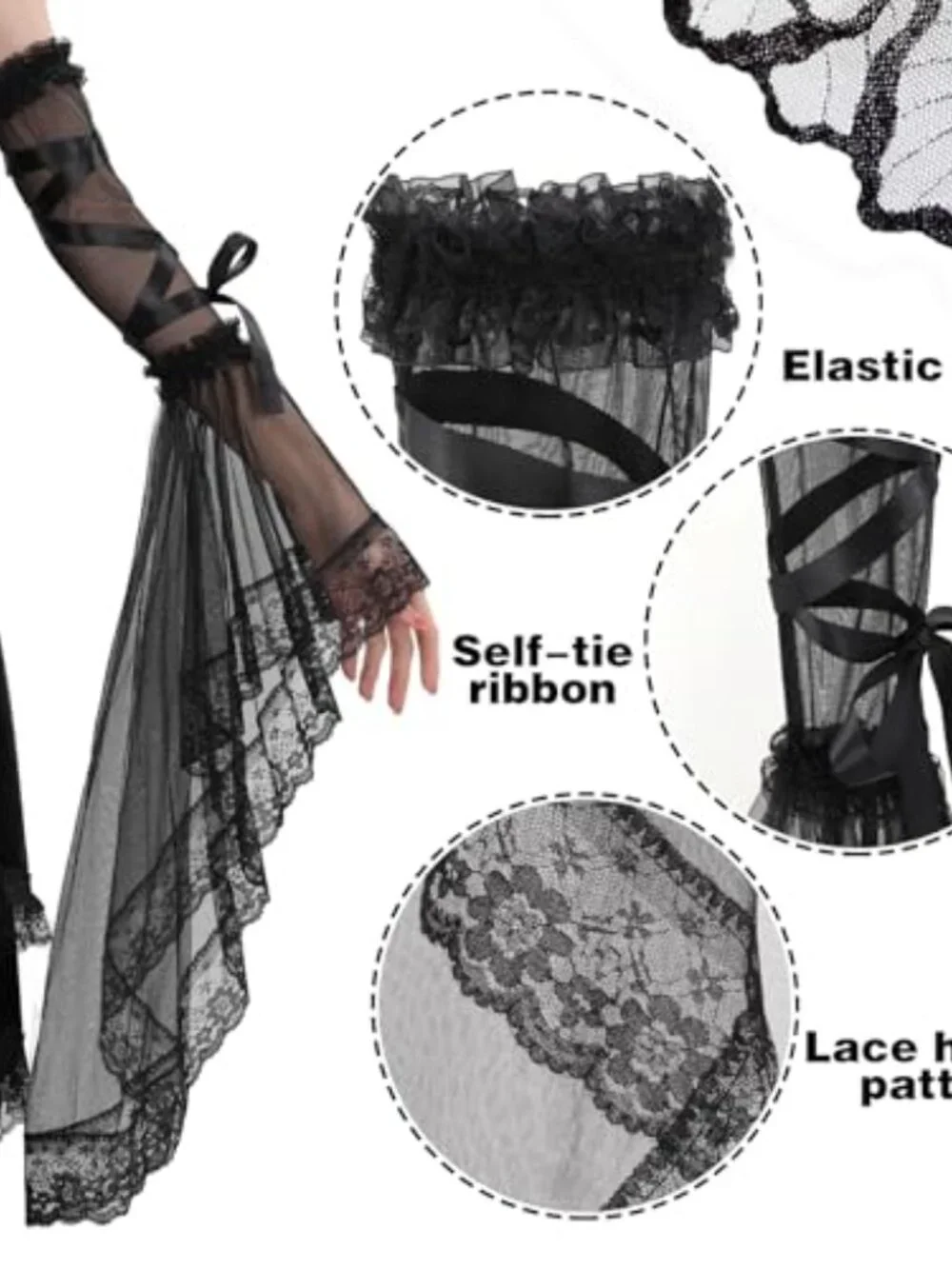 Gothic Black Lace Gloves Women Victorian Tulle Chiffon Detachable Sleeves Witch